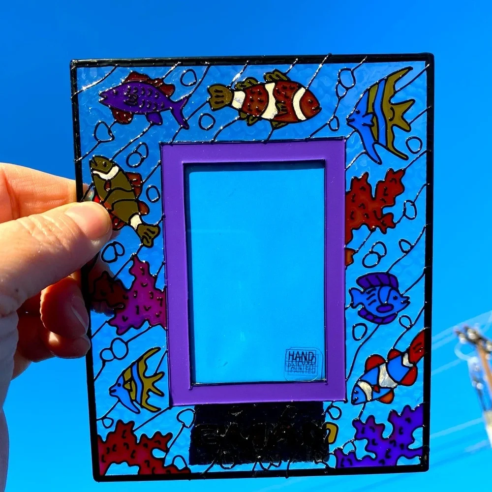 Stained glass picture frame colorful fish hand painted. #13